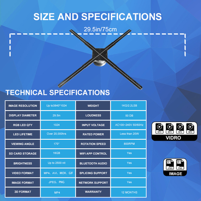 75CM 3D Hologram Fan for Indoor Advertising LED Holographic Display Projector with 360 Degree Floating Visual Effects